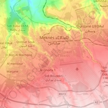 Meknes topographic map, elevation, terrain