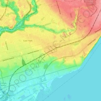 Beaches—East York topographic map, elevation, terrain