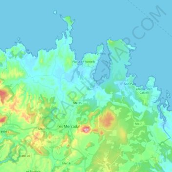Es Mercadal topographic map, elevation, terrain