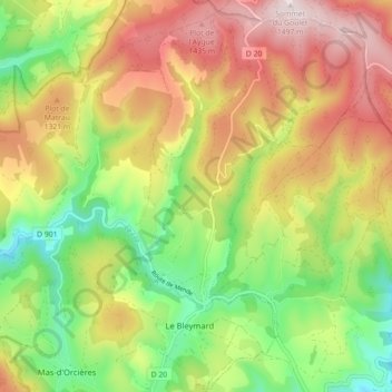 Le Bleymard topographic map, elevation, terrain