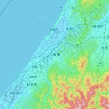 Kanazawa topographic map, elevation, terrain