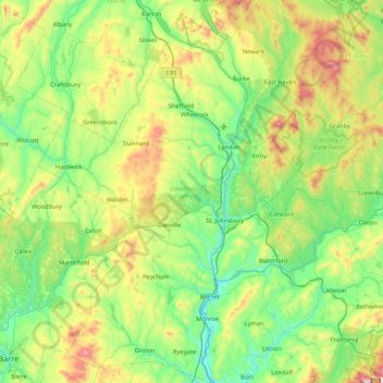 Caledonia County topographic map, elevation, terrain