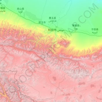 Hotan County topographic map, elevation, terrain