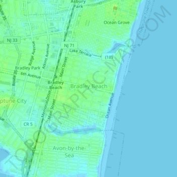 Bradley Beach topographic map, elevation, terrain