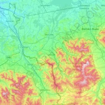 Cieszyn County topographic map, elevation, terrain