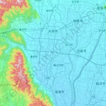Ogaki topographic map, elevation, terrain