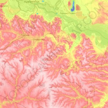 Онуфріївська селищна громада topographic map, elevation, terrain