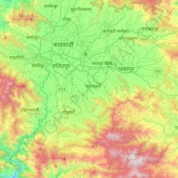 Kathmandu Valley topographic map, elevation, terrain