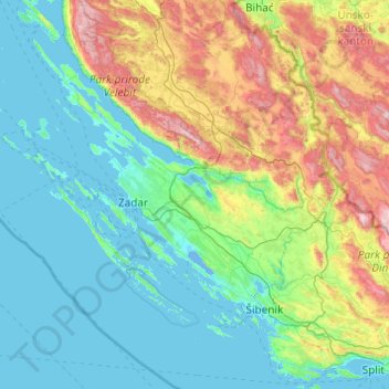 Zadar County topographic map, elevation, terrain