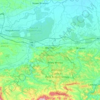 Bochnia County topographic map, elevation, terrain