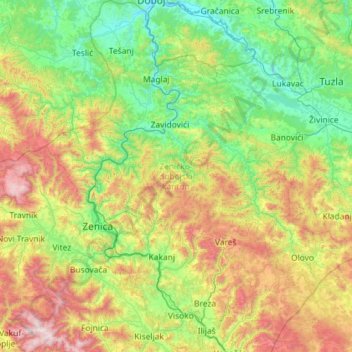 Zenica-Doboj Canton topographic map, elevation, terrain