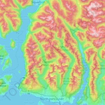 North Shore Mountains topographic map, elevation, terrain