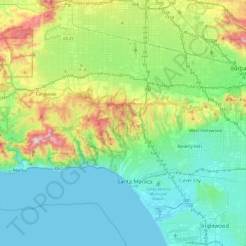 Santa Monica Mountains topographic map, elevation, terrain
