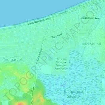 Tootgarook Wetlands topographic map, elevation, terrain