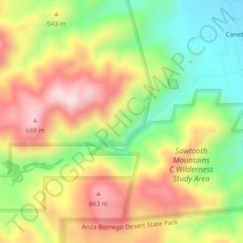 Canebrake Canyon topographic map, elevation, terrain