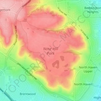 Nose Hill Park topographic map, elevation, terrain