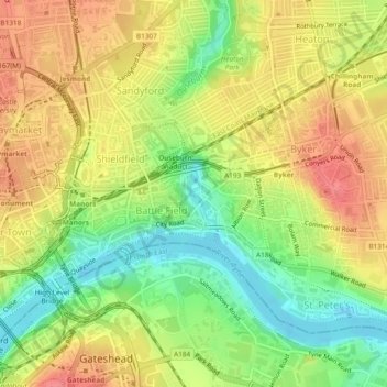 Ouseburn topographic map, elevation, terrain