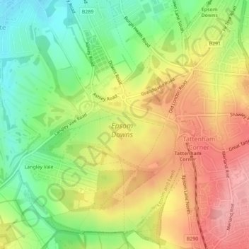 Epsom Downs topographic map, elevation, terrain