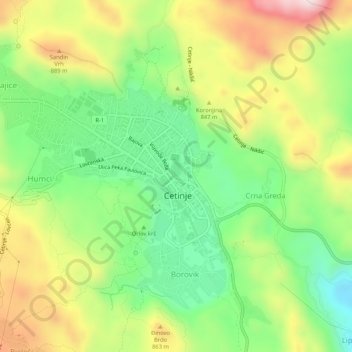 Cetinje topographic map, elevation, terrain