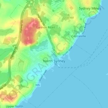 North Sydney topographic map, elevation, terrain