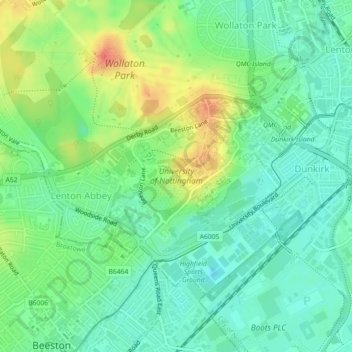 University of Nottingham topographic map, elevation, terrain