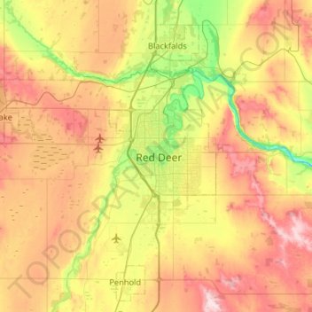 Red Deer topographic map, elevation, relief
