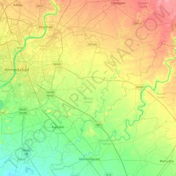 Ahmedabad District Map With Taluka Daskroi Taluka Topographic Map, Elevation, Relief