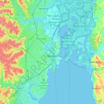 Map Of Mobile Al Mobile Topographic Map, Elevation, Relief